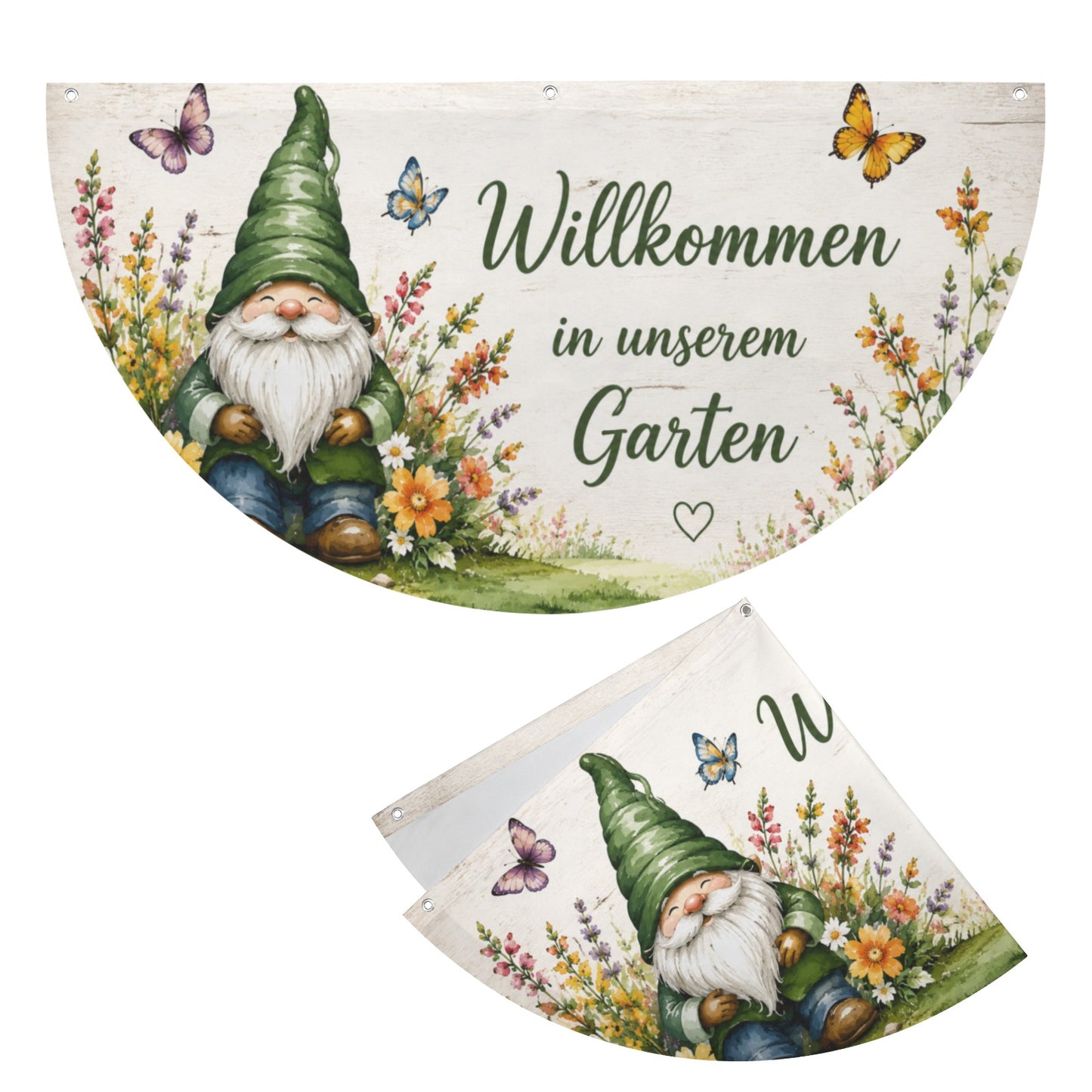 Halbkreis Gartenflagge mit Wichtelmotiv