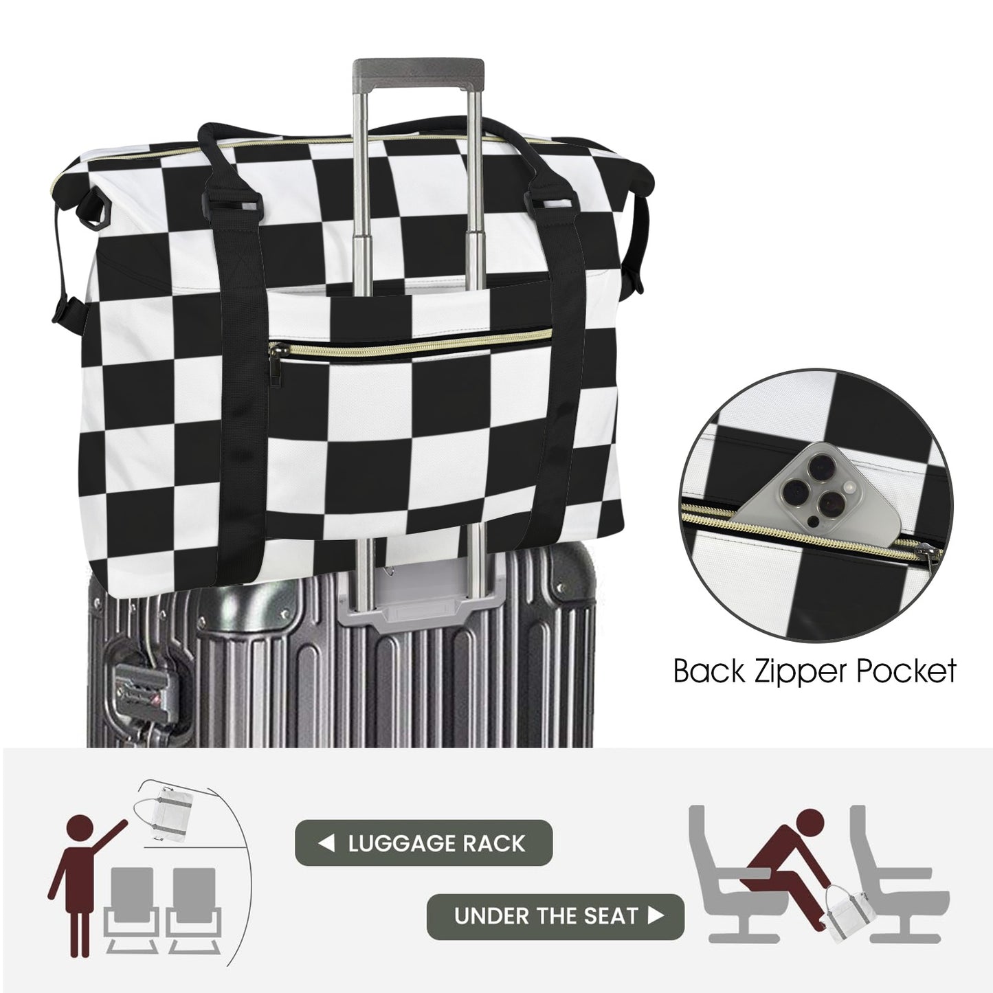 Große Travel Bag mit Trolley-Schlaufe – Schwarz Weiß