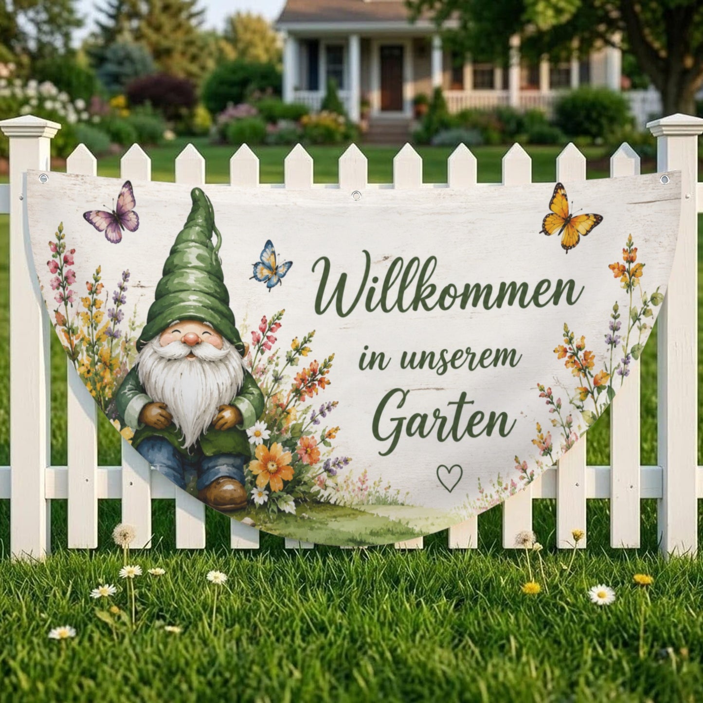 Halbkreis Gartenflagge mit Wichtelmotiv