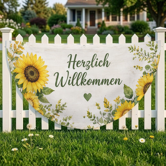 Rustikale Willkommen Gartenflagge mit Sonnenblumen