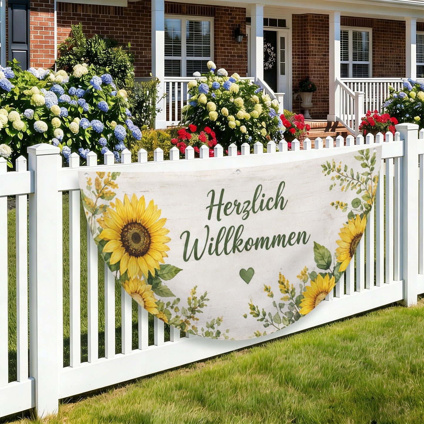 Rustikale Willkommen Gartenflagge mit Sonnenblumen