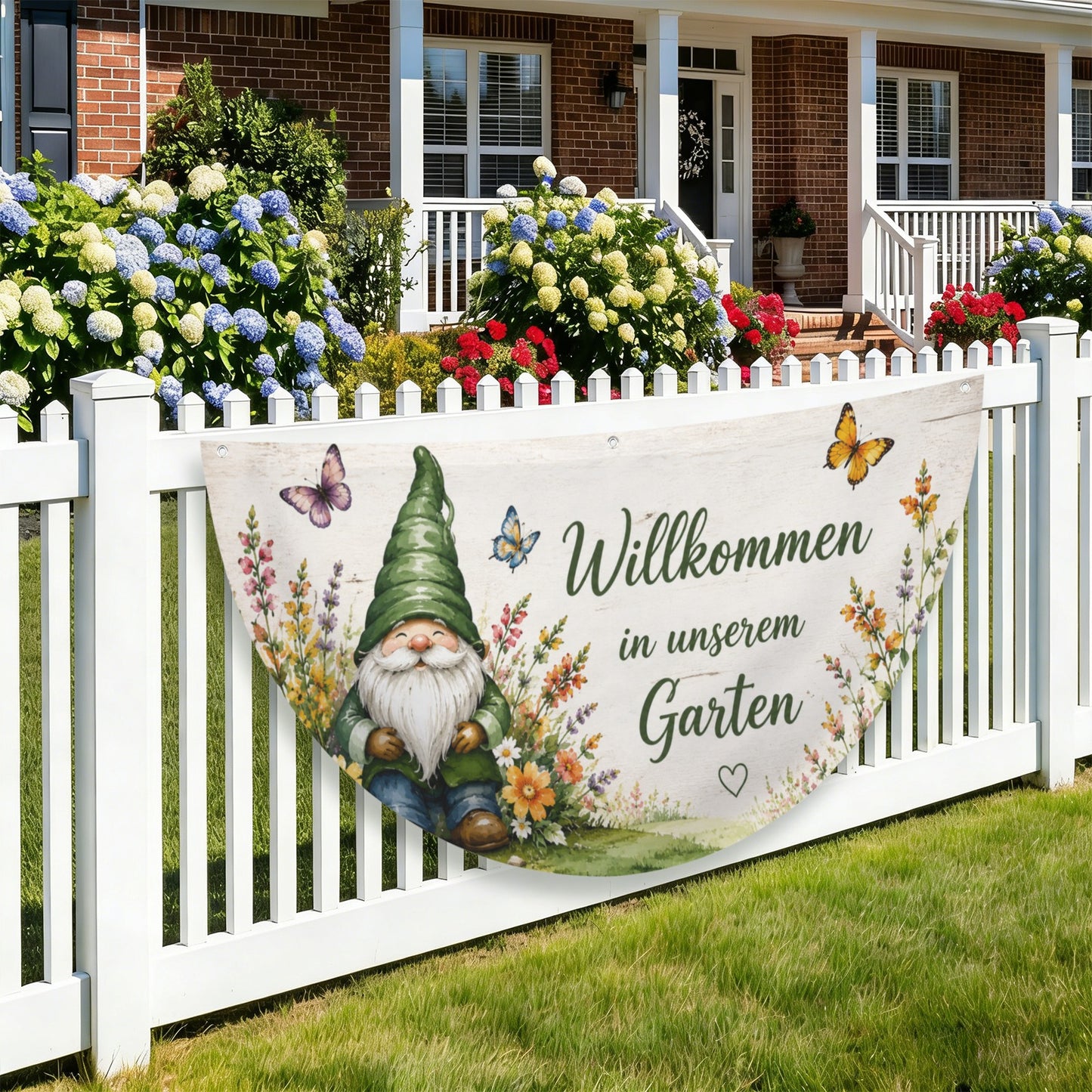 Halbkreis Gartenflagge mit Wichtelmotiv