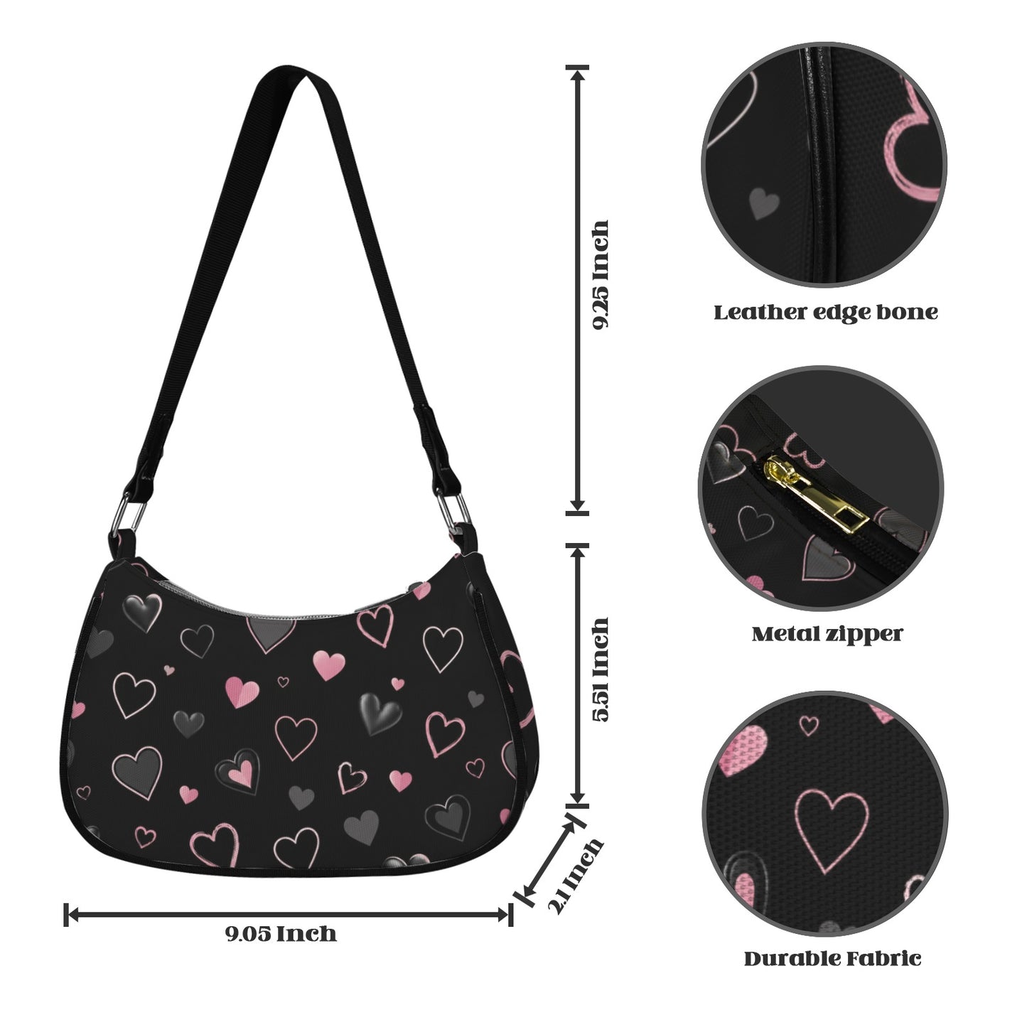 Damen Schultertasche Schwarz mit Herzmuster