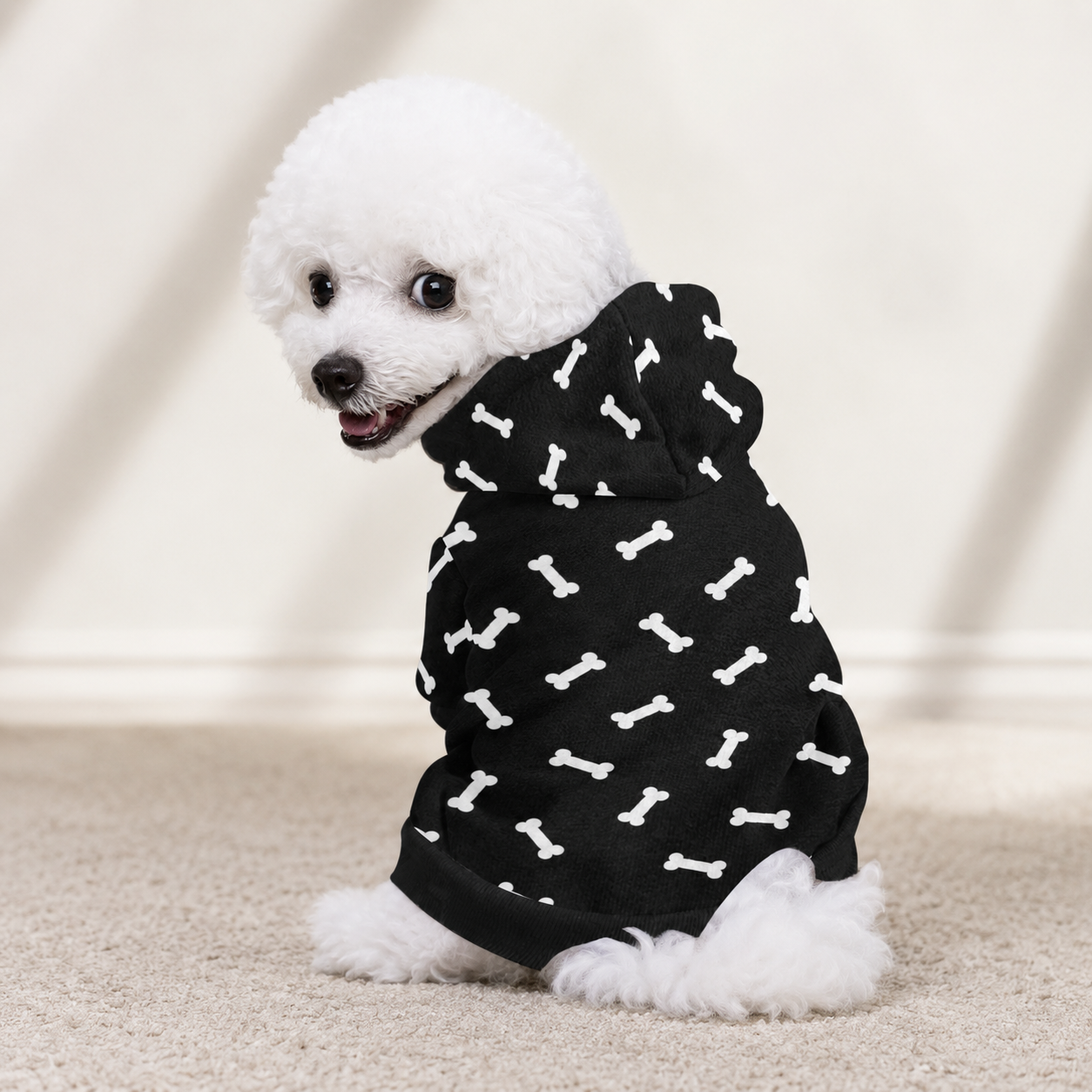 Flauschiger Hunde-Kapuzenpullover mit Knochenmuster