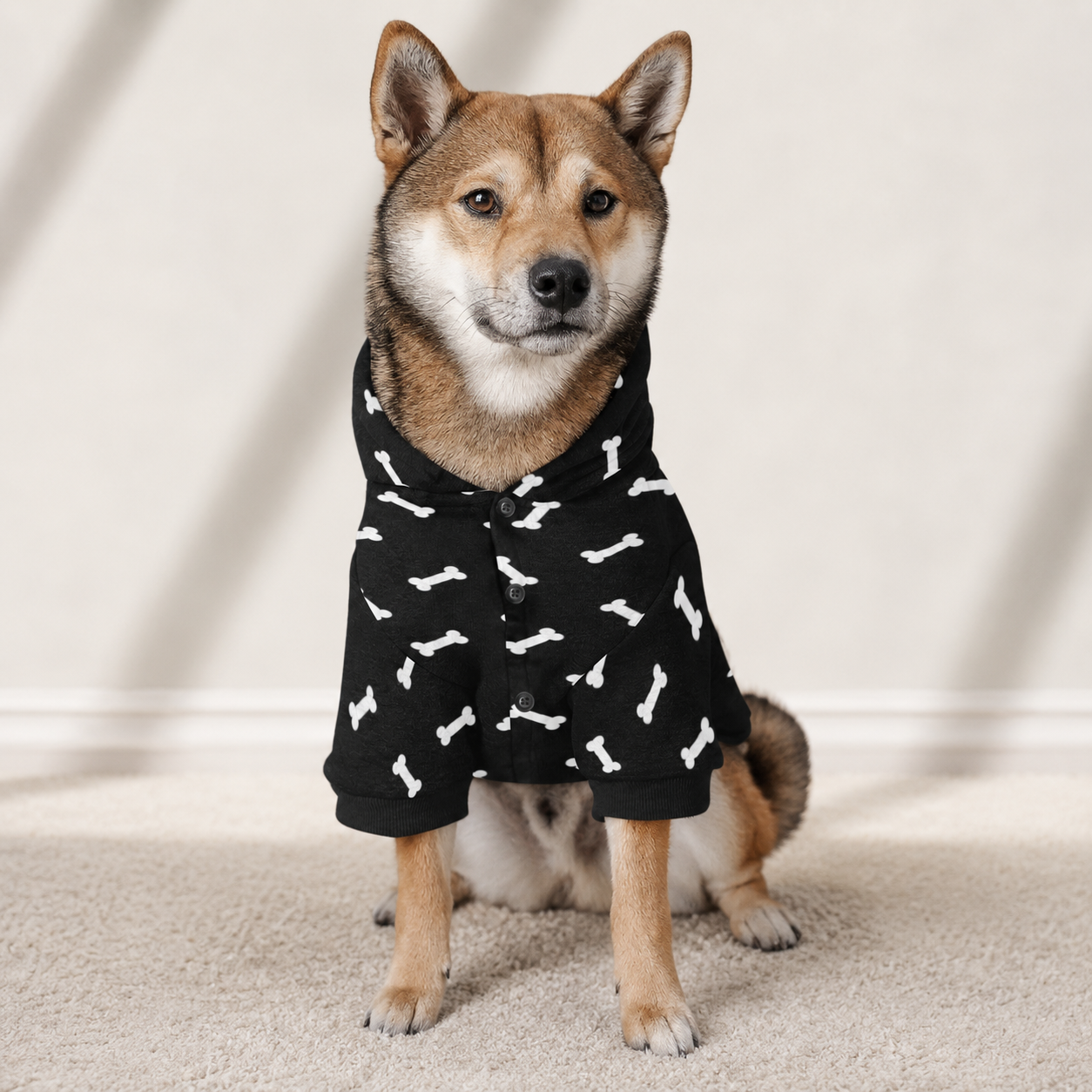 Flauschiger Hunde-Kapuzenpullover mit Knochenmuster