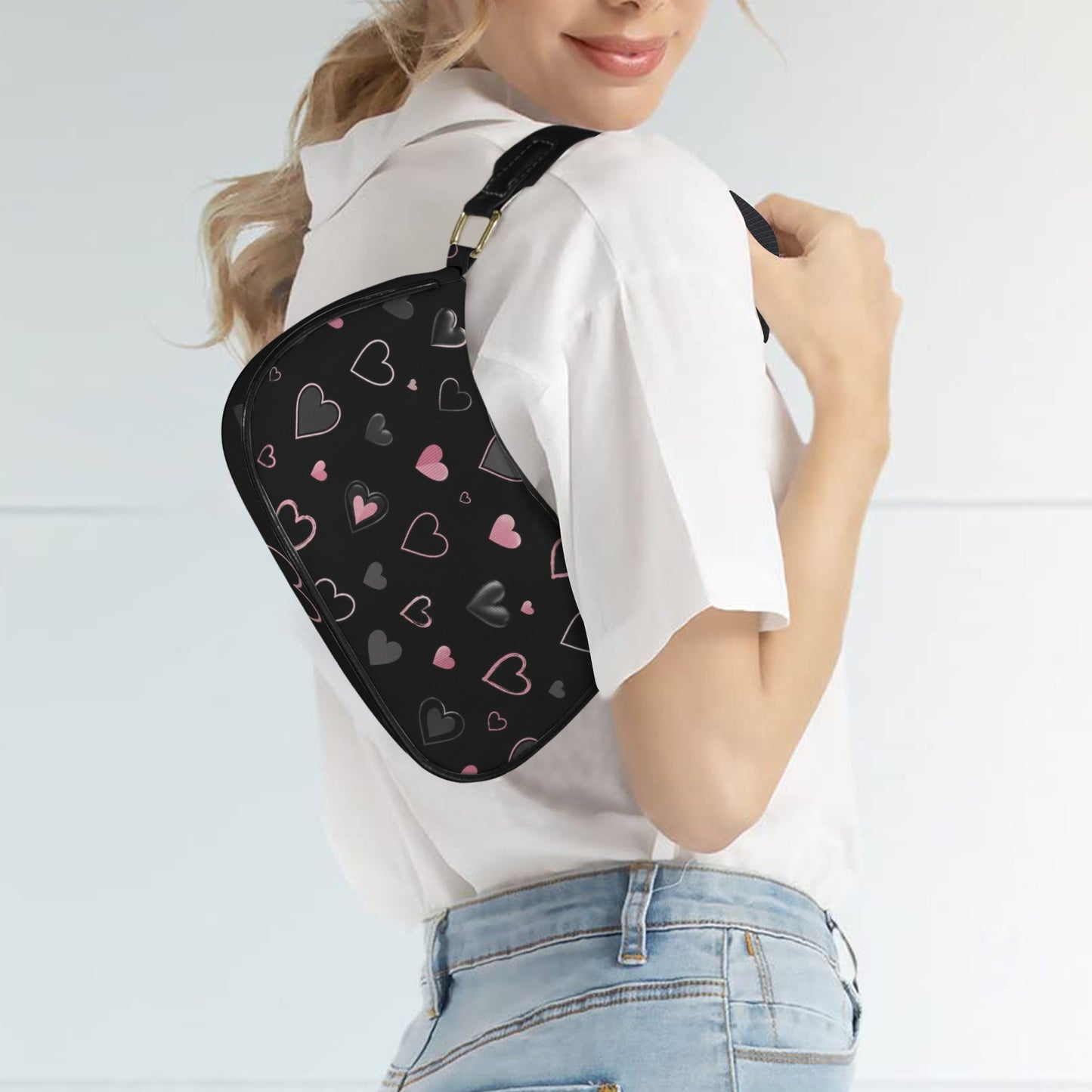Damen Schultertasche Schwarz mit Herzmuster